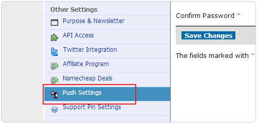 NameCheap PUSH设置选项